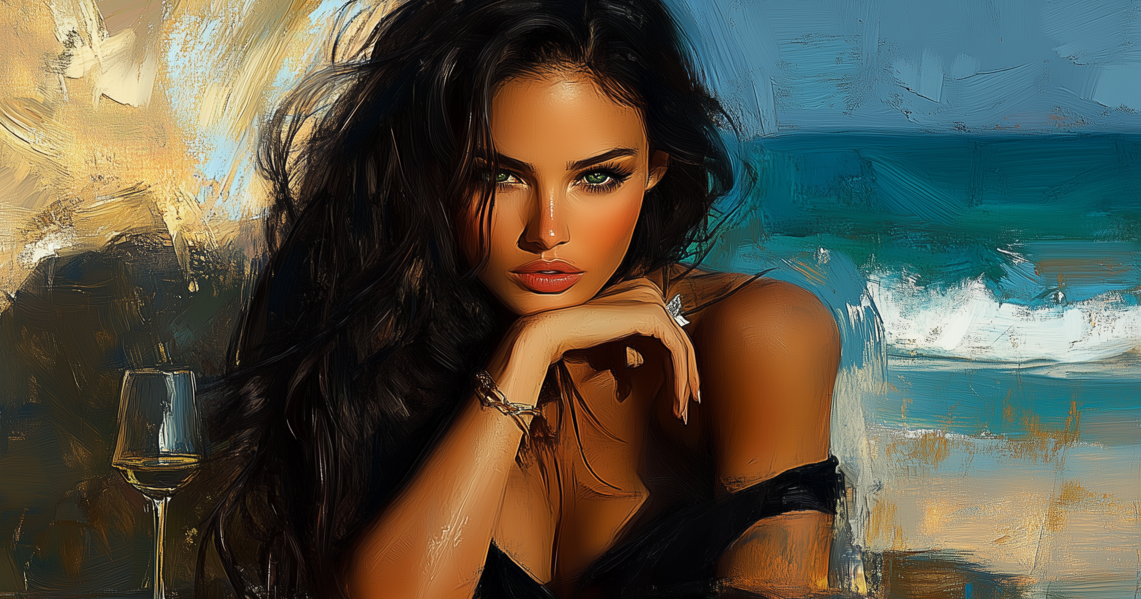 Artistic depiction of a woman with a wine glass against a colorful abstract background